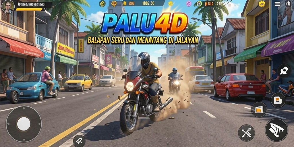 Tampilan gameplay seru dengan mobil balap di lintasan.